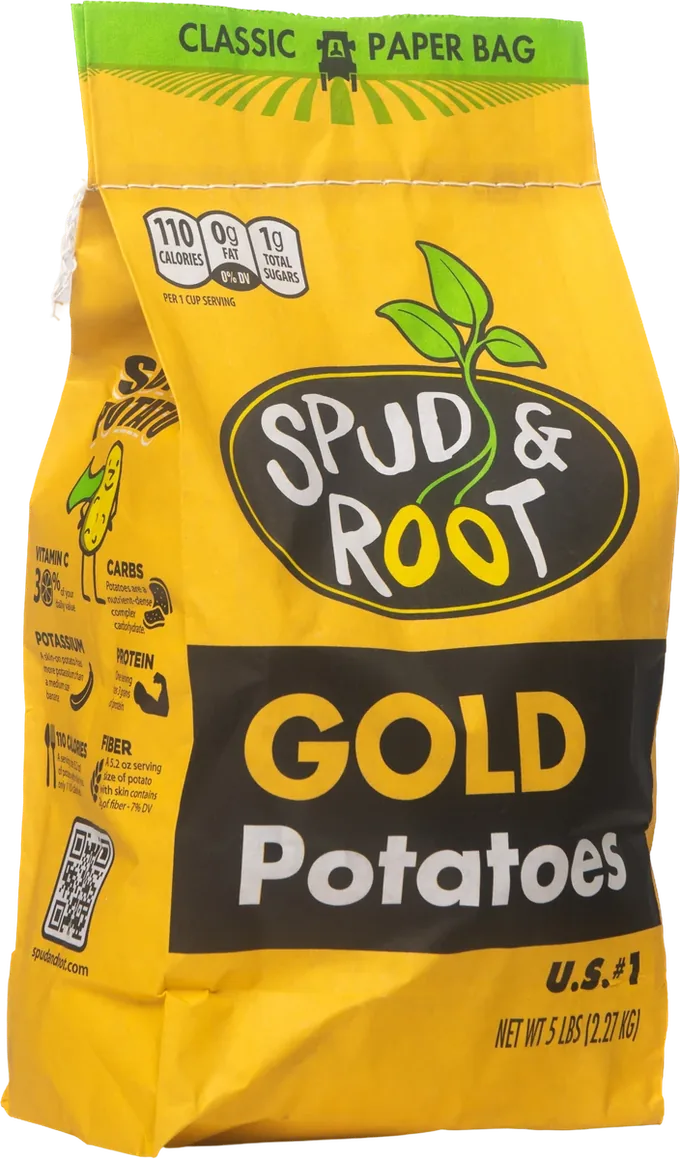 Spud & Root Gold Potatoes: a golden-yellow 5 lb paper bag with the black oval Spud & Root logo, a green sprout, and 'GOLD Potatoes' in a black band.