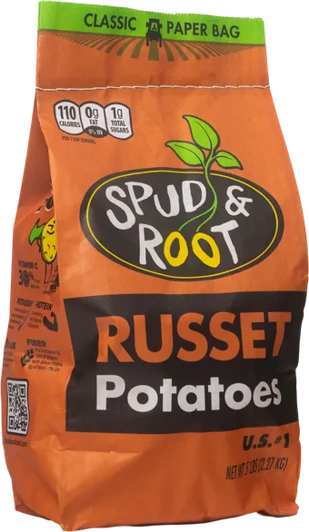 Russet Potatoes, a rust-orange 5 lb paper bag
