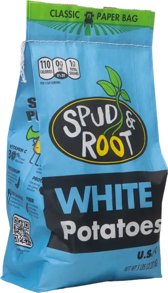 White Potatoes, a sky-blue 5 lb paper bag