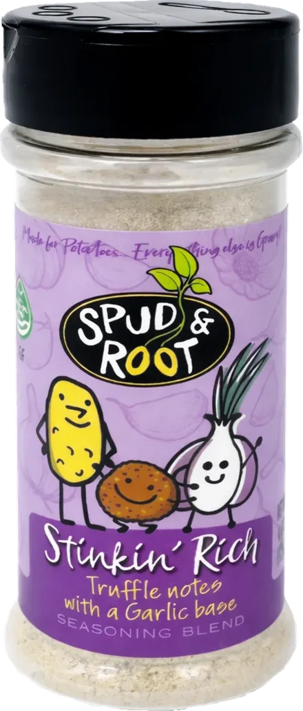 Stinkin' Rich shaker jar with a black cap. The purple label shows the Spud & Root logo and cartoon potato, truffle and garlic characters standing together.